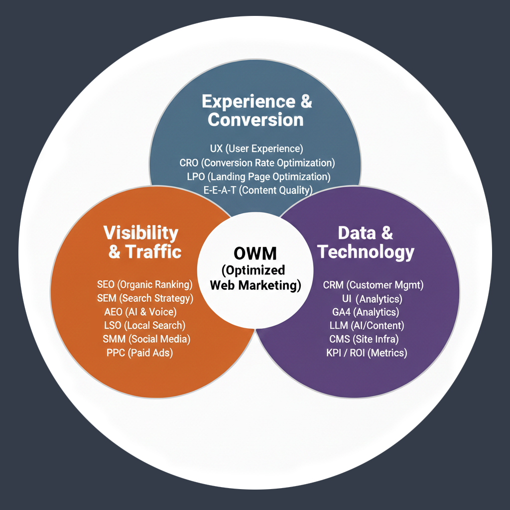 OWM Venn Diagram showing the various channels and methods of web marketing affected by optimization.